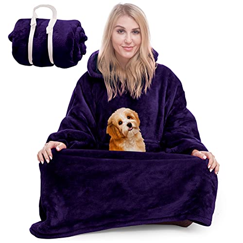 Blanket Sweatshirt Hoodie Blanket Wearable Blanket Blanket Hoodie for Women Men Hooded Blanket Cozy Blanket Women, Super Warm and Oversized Blanket with Giant Sleeves and Pocket(Purple)