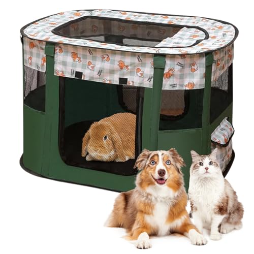 Welpenlaufstall Tierlaufstall Faltbar für Hunde,Welpenauslauf Oxford-Gewebe Hundehütte,Welpenauslauf Rechteckiges Zelt für Hunde Hasen Meerschweinchen Katzen für innern oder außen,70x55x40cm Darkgrün