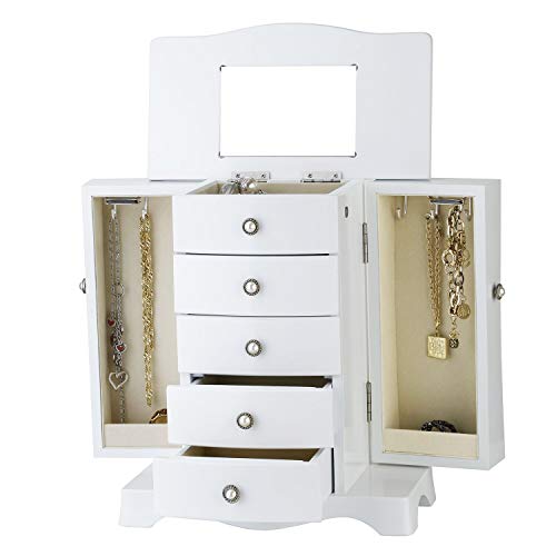 Jewelry Box - Made of Solid Wood with 4 Drawers Organizer and Built-in Necklace Carousel and Large Mirror White - Thumbnail 3