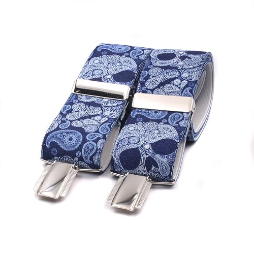 Tirantes Hombre Hechos a mano en España. Tirantes para pantalones hombre | 3 Pinzas extrafuertes | Color azul con calaveras y Cachemire (Cachemir Calaveras)