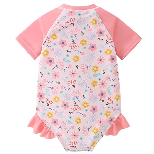 Image of AMIYAN Toddler Girls One-Piece Swimwear Short Sleeve Ruffle Swimsuit Zipper Rash Guard Bathing Suit for Little Girls 1-5Y