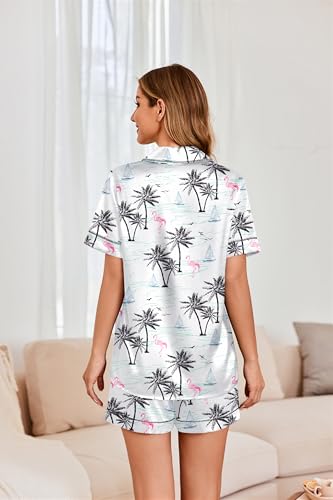 Image of Ekouaer Womens Satin Silk 2 Piece Pajamas Set Short Sleeve Sleepwear | Button Down Top and Shorts Loungewear Set for Sleep, Home, Wedding, Travel, Party, Daily Wear & Great for Sharing