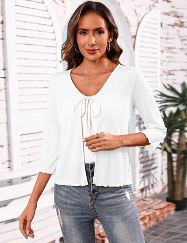 Image of Aiboria Women's Tie Front Shrug 3 /4 Sleeve Ribbed Bolero Lightweight Cropped Cardigan S-XXL