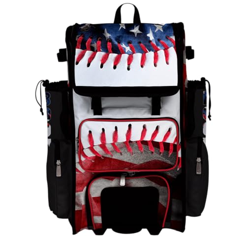 Boombah Superpack Hybrid Rolling Bat Bag - Wheeled & Backpack Version - USA Baseball Represent Red/Royal Blue/White