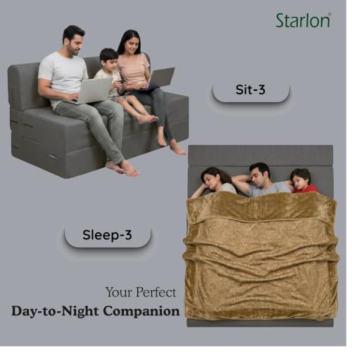 Image of Starlon 3 Seater Foldable Sofa Cum Bed 3-in-1 with Washable Jute Fabric Cover, Space Saving Guest Bed for Living Room & Apartment, Pre-Assembled Ash Gray 5x6.5 Ft