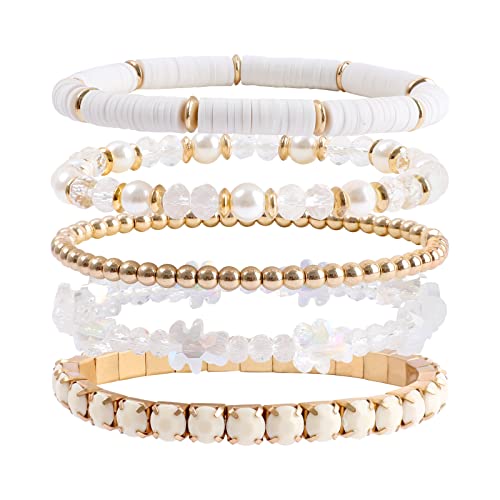 Makersland White Bracelets, Clay Beaded Crystal White Bracelet Set, 5Pcs Strand Stretch White Bracelet Jewelry For Women #TOP5