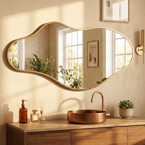 Image of Bathroom Mirror for Over Sink-Gold Room Decor Wall Mirror 20 inchx 36 inch | Irregular Wall Mirror - Asymmetrical Abstract Mirror Unique for Bedroom, Living Room, Cloakroom, Entryway