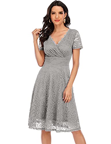 Formal Dresses for Wedding Guest Homecoming Dresses Floral Lace V Neck Keen Lenght Short Wedding Dress Women s Cocktail Dresses Bridesmaid Dresses Party Dress Grey M