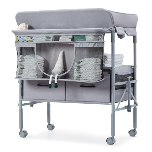 Image of Babevy Portable Baby Changing Table, Foldable Diaper Change Table with Drawers, Wheels, Adjustable Height, Changing Station for Infant Mobile Nursery Organizer for Newborn, Grey