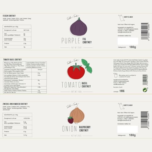 FOODOKO FINEST - Gourmet Chutney Trio Set für Feinschmecker | Lila Feigen Chutney, Himbeeren Zwiebel Chutney, Tomaten Basilikum Chutney (3x180g)
