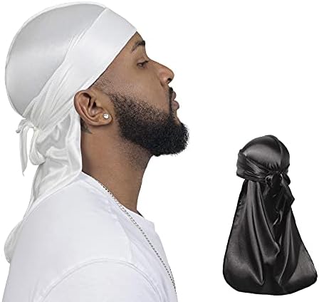 2PCS Elastic Silky durag for Men 360 Waves, Do Rag, Elastic durag, Long-Tail Du-RAG