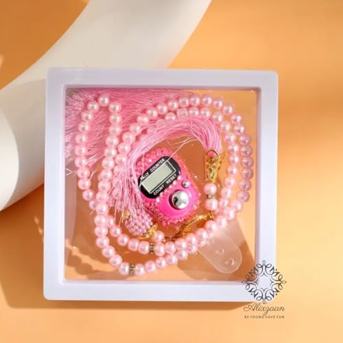 Image of Digital Prayer Counter Tasbih with Display Screen, Pink Pearl Beads, Decorative Frame Display