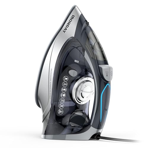 IRONDAY Steam Iron for Clothes Rapid Heating, 1700W Iron Burst of Steam, Non-Stick Ceramic Soleplate, Auto shutoff, Anti-Drip, Self-Cleaning, 10.14oz Water Tank Ironing Clothes for All Fabrics, Grey