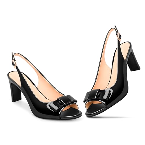 Women's Peep Toe Slingback Heeled Sandals Block Heel Bow Patent Leather Shoes3