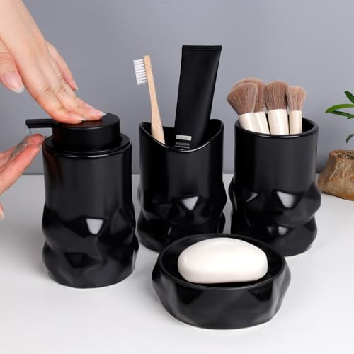 Image of BosilunLife Modern Ceramic Bathroom Accessories Set, Bathroom Counter Set Matte Black Bathroom Decor Sets Accessories Bathroom Lotion Soap Dispenser, Toothbrush Holder Set, Soap Dish, Apothecary Jars