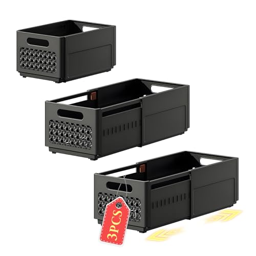 aichilra Lot de 3 Boite Rangement Escamotable – Caisse Pliable Empilable avec Poignées, Panier Rangement Plastique Réglable pour Cuisine, Placard et Salle...