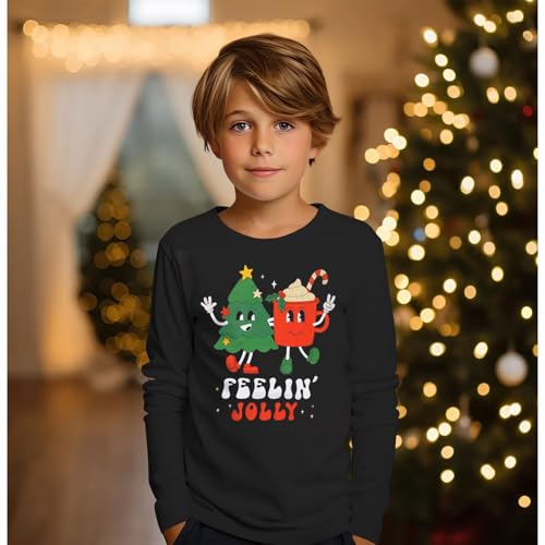 Image of Kids Christmas Shirts Girls Boys Feelin Jolly Long Sleeve T-Shirts Xmas Tree Hot Cocoa Graphic Tee Holiday Fall Tops