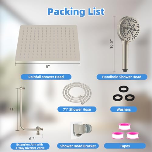 Image of 8 inch Metal Rainfall Shower Head with 10-Mode Handheld, Brushed Nickel