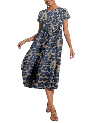 Image of LARMLISS Baggy Crew Neck Dress for Women Summer Casual Comfy Cotton Short Sleeve Tunic Beach Maxi Dresses with Pockets
