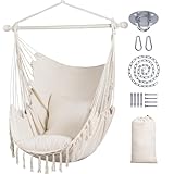 SUNCREAT Hammock Chair Hanging Rope Swing Seat-Max 450lbs Capacity, Extra Large Macrame Hanging Swing with Side Pocket, Two Seat Cushion, Beige