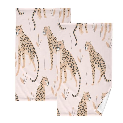Bolaz Cheetah Leopard Hand Towels 2PCS Soft Cotton Towel Absorbent Bathroom Towel Set 16 x 28 Inches