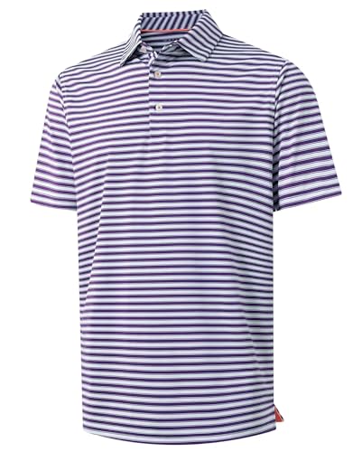 M MAELREG Golf Polo Shirts for Men Short Sleeve Dry Fit Striped Casual Collared Moisture Wicking Men's Golf Shirts Purple White