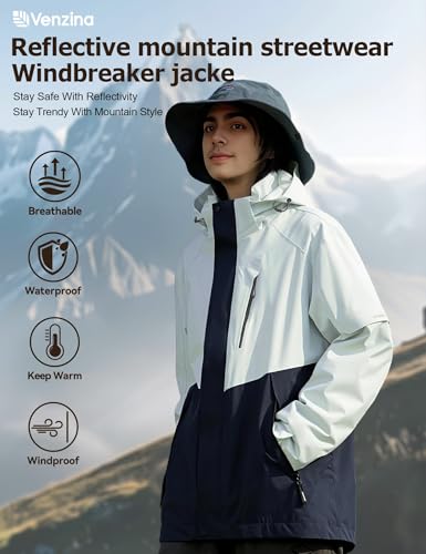 Image of Venzina Men's Waterproof Rain Jacket-Lightweight Windbreaker with Color Block Design, Breathable for Urban Outdoor, Daily Commuting I Fashion Unisex Couple Jacket