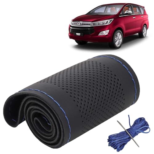 Image of KINGSWAY PU Leatherite Car Steering Cover Sewable Compatible with Toyota Innova Crysta (Year 2015-2021), Black Color with Blue Thread, Pack of 1 with Sewing Needle and Thread