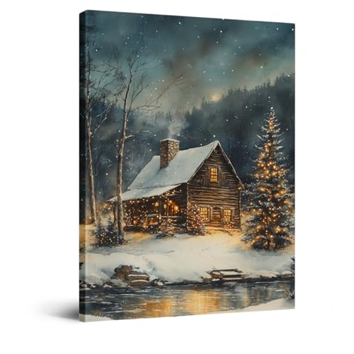 DRLWGTY Rustic Christmas Cabin Wall Art,Snowy Winter Lodge with Lights