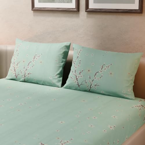 Image of BLISSHOME SoftTouch 140TC Cotton King Size Fitted Bedsheet with 2 Pillow Covers, Silky Smooth Bedding Set, Breathable, Easy Maintain, Floral Print - Green, Ivory (182cm x 198cm x 25cm Drop)