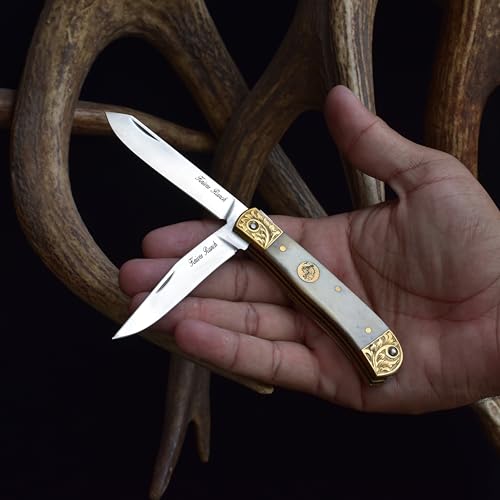 Knives Ranch Handmade Trapper Folder - SS 440 C - 59 Hardness - Hand Engraved Bolster - Bone Handle - Genuine Leather Pouch - Double Blade Pocket Knife for EDC and Collecting