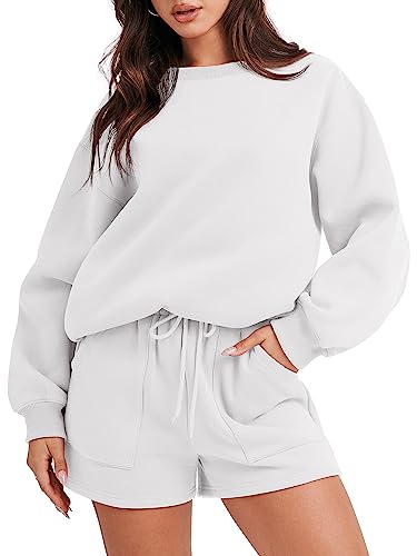 ANRABESS Women 2 Piece Outfits Sweat Shorts Sets 2026 Oversized Casual Lounge Matching Set Sweatsuit Tracksuit Fall Clothes White Medium