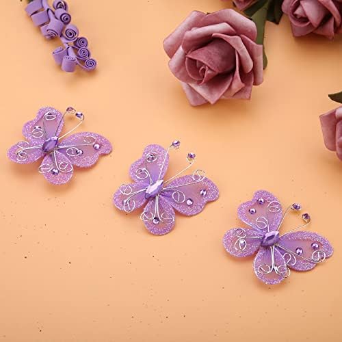 Mariposas de malla moradas Oumefar de alambre con purpurina para decoración de bodas 1