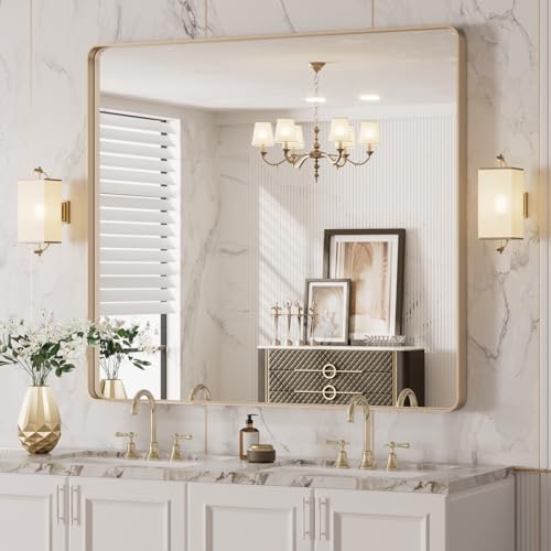 Image of LOAAO 40 inchX36 inch Gold Bathroom Mirror, Rounded Rectangle Gold Frame Mirror, Brushed Gold Bathroom Vanity Mirror Wall-Mounted, Anti-Rust, Tempered Glass, Hangs Horizontally or Vertically