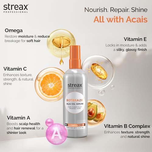 Image of Streax Professional BotBrazil Acai Oil Serum,100ml for Chemically Treated Hair - Keratin, Smoothening which helps to control frizzy hair, dry hair | Hair serum for Women & Men