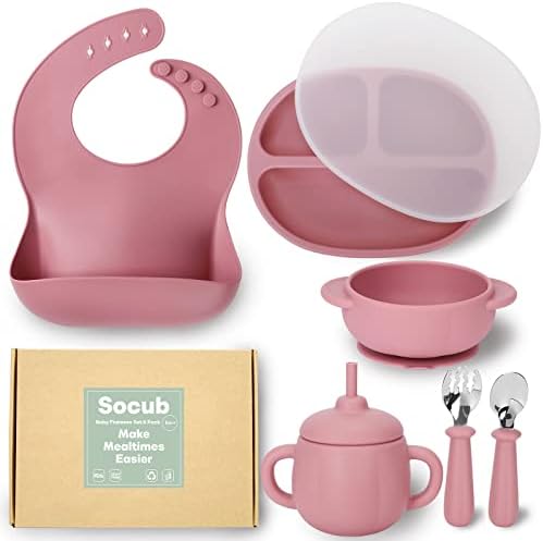 Socub Silicone Baby Feeding Set, Silicone Baby Bib, Silicone Divided Suction Plate with Lid, Baby Sippy Cup and Suction Bowl with Spoon Fork, Baby Led Weaning Supplies for Toddler(Dark Pink)