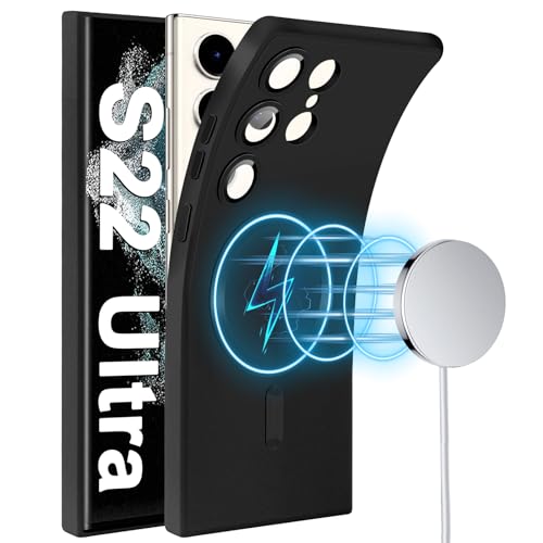 Slim Case for Samsung Galaxy S22 Ultra 5G, [Camera Lens Protector][Mag-Safe] Thin Metal Matte Silicone Soft Rubber S22 Ultra Phone Case, Magnetic Wireless Charging Cover for Samsung S22 Ultra (Black)