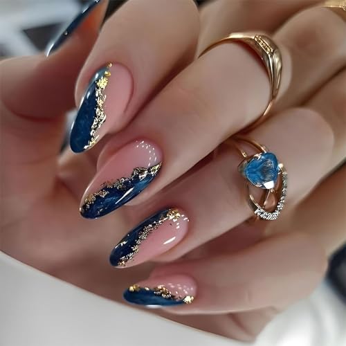 Kabwea 24 Uñas Acrílicas Artificiales con Hoja Dorada y Mármol Azul, Uñas Postizas Almendradas Medianas, Uñas Postizas, Uñas para Pegar
