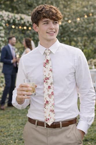 Image of BELLUNO Men's Cotton Floral Skinny Tie, 2.5 inch Width, with Gift Box