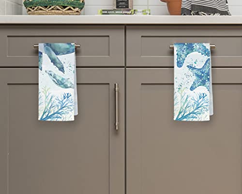 Qodung Watercolor Ocean Animals Soft Absorbent Hand Bathroom Towel 16X24 Inch Set Of 4,Blue Marine Life Sea Creatures Decorative Absorbent Drying Cloth Hand Towels Tea Towels For Bathroom Kitchen #TOP1
