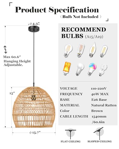 Elyona Modern Boho Rattan Chandelier, 16 Inch Large Rustic Wicker Pendant Light Fixtures thumb #4