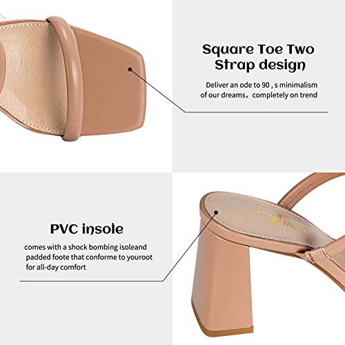 Athlefit Women's Square Open Toe Two Strap Heeled Sandals Slip On Block Chunky Heels Sandals4