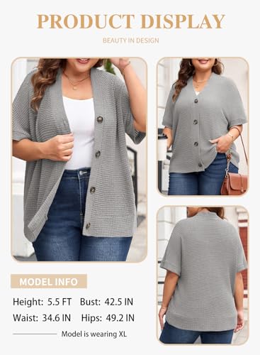 Image of Eytino Womens Plus Size Tops Casual V Neck Short Sleeve Waffle Knit Button Down Shirts(1X-5X)