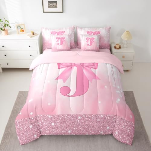 Image of Feelyou Kids Pink Bowknot Bed in A Bag Queen Size, Personalized Initial J Comforter Set with Sheets Princess Glitter 7 Pieces Bedding Set Boys Girls Bow Alphabet Teens Bed Set Bedroom Decor 7Pcs