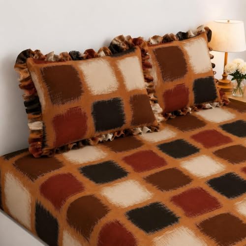 Image of King Size Fitted Bedsheet for Double Bed | 300 TC Cotton Feel Microfiber | All Around Elastic with 2 Frill Pillow Covers | Soft & Durable | (CoffeeBoxFrill, Fitted - Double72x72)