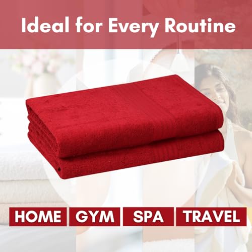 Image of Mafatlal Joy Bath Towel Combo - Pack of 2 | 58 x 29 inch Large Size | Soft Cotton | Quick Dry | Highly Absorbent | 450 GSM | Red | Bath Towel Large Size for Men
