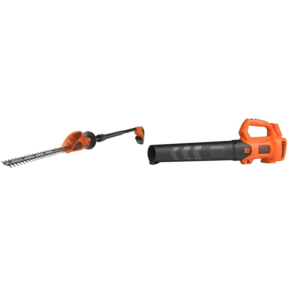 BLACK+DECKER Tagliasiepi a Batteria Litio su asta di prolunga - Lunghezza lama 43 cm & Soffiatore Foglie a Batteria Litio Sistema Assiale, Velocità di soffiaggio 145 Km/h