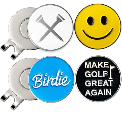 Adhere Golf Ball Markers Personlized Logo Enamel with A Strong Magnetic Hat Clips A Premium Golf Gifts for Golfer (Style P White tees+ Blue Golf Club+Smile+Make Golf Great Again)