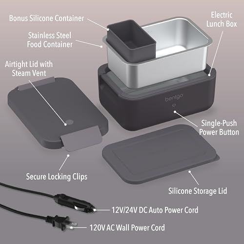 Bentgo Heat - Electric Lunch Box - Portable Food Warmer for Adults, Heated Lunch Box for Work, Travel, School & On the Go, Plug Into Wall or Car, Ideal for Ages 14+, 12V/24V & 120V Cords (Obsidian)