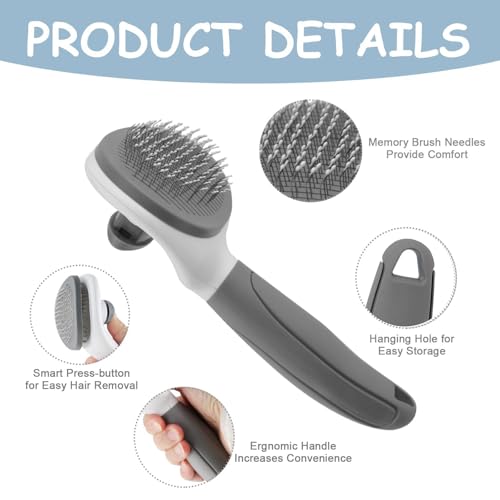 Cat Brushes for Indoor Cats, Dog Brush for Shedding with Metal Cat Comb, Self Cleaning Pet Hair Brush with Release Button for Grooming Kitten(Dark Gray) - Image 4